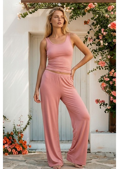 Siyah İnci Geniş Askılı Viskon Örme Pijama Takım 8012 Koyu Somon