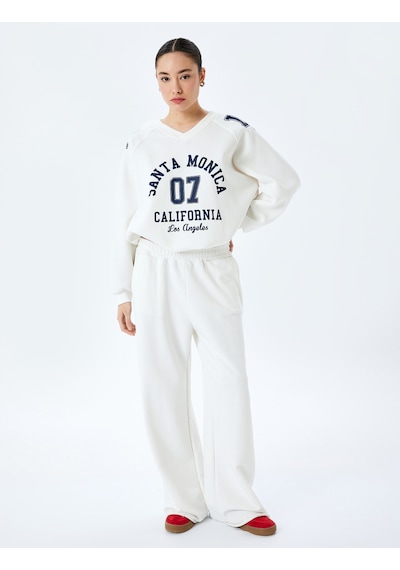 Koton Kolej Baskılı Uzun Kollu Oversize V Yaka Sweatshirt Ekru 5sal10417ık Ekru