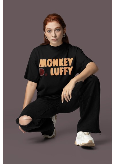 Sevbano Monkey D. Luffy One Piece Sırt Baskılı Unisex Oversize Anime Tişö Siyah