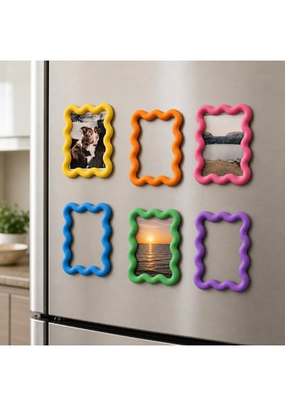 3d Baskı 6lı Asorti Renk Dalgalı Magnet Fotoğraf Çerçevesi Seti - Buzdolabı İçin Mini Manyetik Resim Çerçevesi