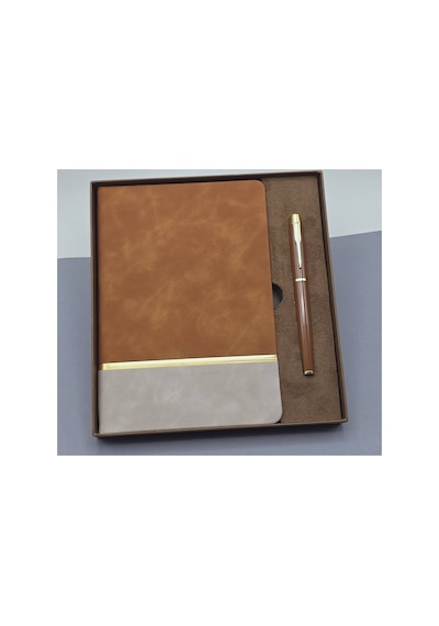 Kutulu Altın Şeritli Deri Defter Ve Kahverengi Metal Roller Kalem Set Evimdeyokyok