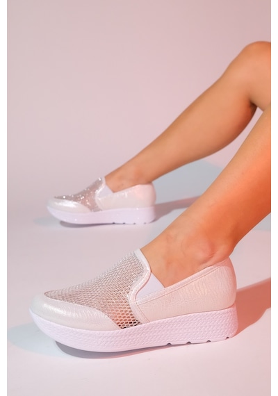Luvishoes Purcan Sedef Simli Fileli Kalın Tabanlı Kadın Günlük Ayakkabı Sedef