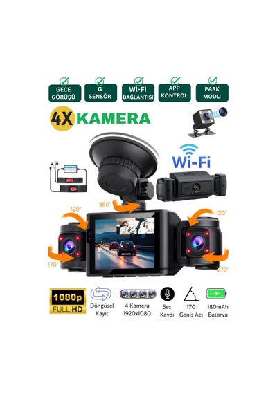 Cc40 Wifi Full Hd Türkçe 4 Kameralı Araç Içi Güvenlik Kamerası Park Modu Gece Görüşlü Dashcam - 731476385