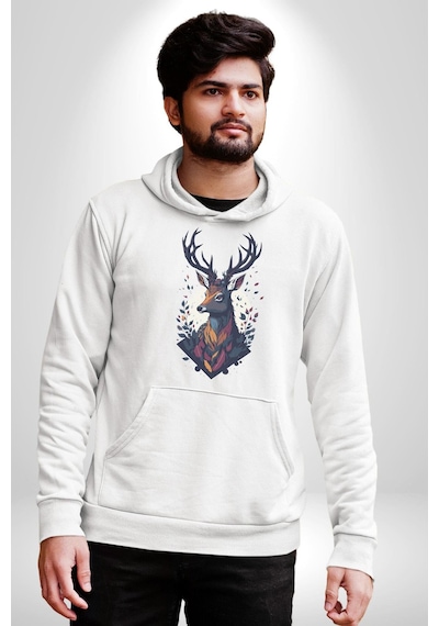 Geyik Kafası Yapraklar Kadın Erkek Beyaz Kapüşonlu Sweatshirt Hoodie Beyaz