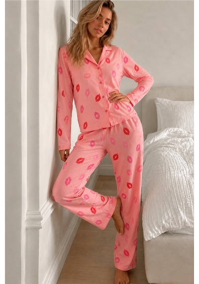 Fit Women Kadın Gömlek Yaka Uzun Kollu Pembe Pijama Takımı
