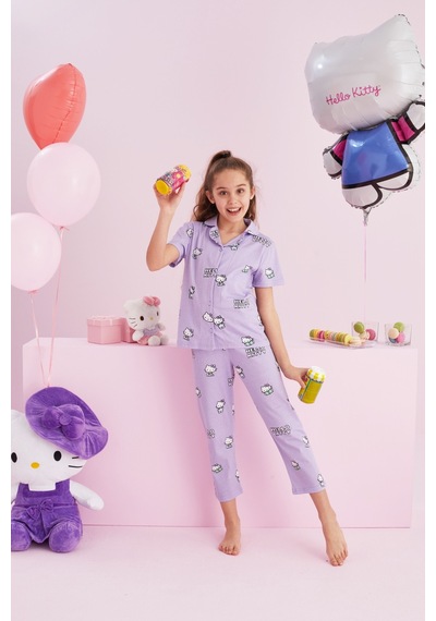 Siyah İnci Lisanslı %100 Pamuk Çok Renkli Düğmeli Pijama Takım Hk055 Lila Siyah İnci Lisanslı %100 Pamuk Çok Renkli Düğmeli Pijama Takım Hk055 Lila