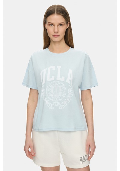 Ucla Avalon Gök Mavi Bisiklet Yaka Baskılı %100 Pamuk Loose Fit Kadın Tshirt Gök Mavisi