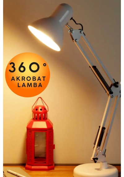 Beyaz Akrobat Masa Lambası Yaylı Metal 360 Derece Hareketli Ayarlanabilir Çalışma Masası Lambası Ofis Çizim Mimari Tasarım Okuma Lambası Mengeneli Masaüstü Gece Lambası E27 Duy Ev Ofis Aydınlatma Beyaz Beyaz
