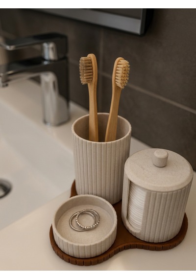Banyo Seti 3 Parça Diş Fırçalık, Kapaklı Pamukluk Ve Takı Standı Modern Organizer Bej-kahverengi