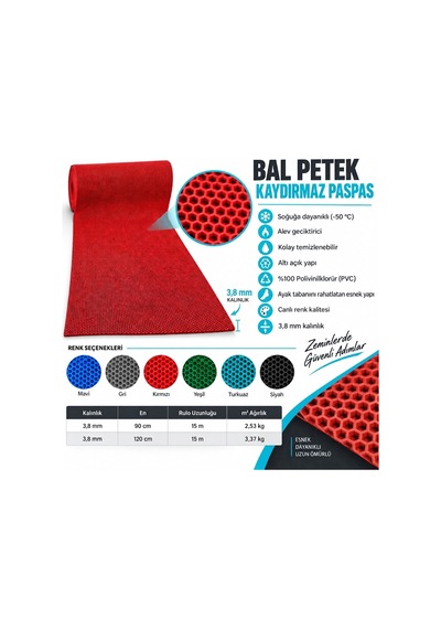 Hortumtech Bal Petek Paspas Kaydırmaz Pvc Islak Zemin Duş Havuz Su Tahliyesi 4 Mm - Kırmızı 90 X 1000 Cm