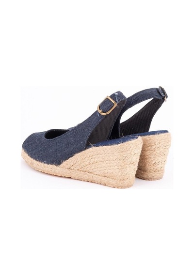 Star Tombis Gerçek Elişi Burnu Açık Arkası Bantlı Dolgu Topuk Kot Mavi Keten Hasır Espadril Handmade Mavi