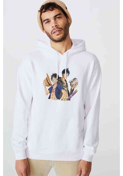 Anime One Piece Baskılı Beyaz Erkek Örme Kapşonlu Sweatshirt (531040473)