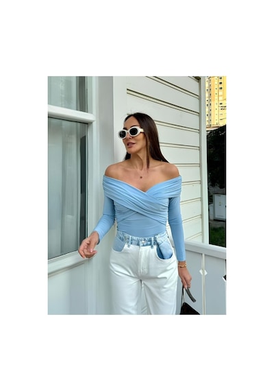 Çınar Boutique Yakası Çapraz Likralı Tasarım Marka Model Bluz Mavi Mavi