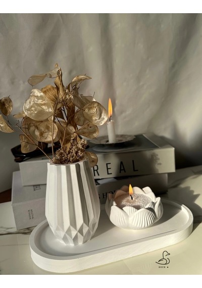 Geometrik Desenli Vazo Ve Lotus Çiçek İnci Tozlu Mumluk 2 Set