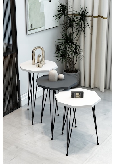 3'lü Sekizgen Zigon Sehpa Seti - Siyah Metal Ayaklı, Modern & Şık Yan Sehpa, Dayanıklı Salon Ofis Beyaz Antrasit