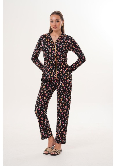 Çift Kaplan Kadın Pamuk Modal Gömlek Yaka Önden Düğmeli Siyah Pijama Takımı 7010 Siyah