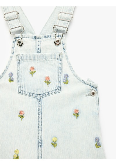 Koton Çiçek Nakış Detaylı Cepli Askılı Denim Jile Elbise Lıght Indıgo 6smg80007ad Açık Mavi