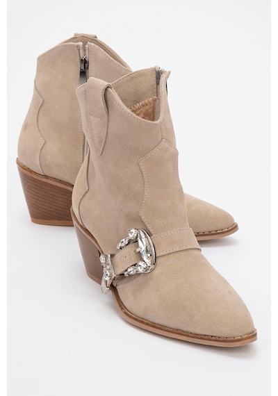 Luvishoes Luvi Shoes Any Bej Taşlı Hakiki Deri Süet Kadın Topuklu Bot Bej Süet