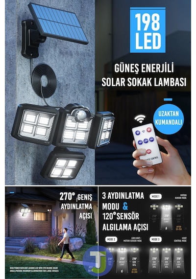 Technojet 198 Ledli Solar Güneş Enerjili Kumandalı Hareket Sensörlü Bahçe Aydınlatma Sokak Lambası Technojet 198 Ledli Solar Güneş Enerjili Kumandalı Hareket Sensörlü Bahçe Aydınlatma Sokak Lambası