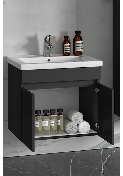 Çiğdem 65 Cm Antrasit Gri Mat Mdf Lavabolu Asma Banyo Alt Dolabı Antrasit - Gri