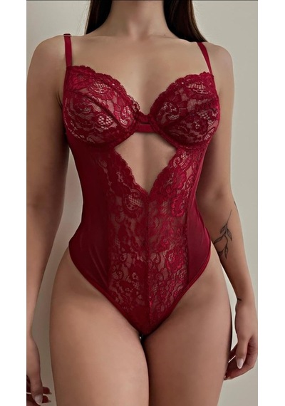 Suısy Velvet Flame Bordo Dantelli Pencereli Bodysuit