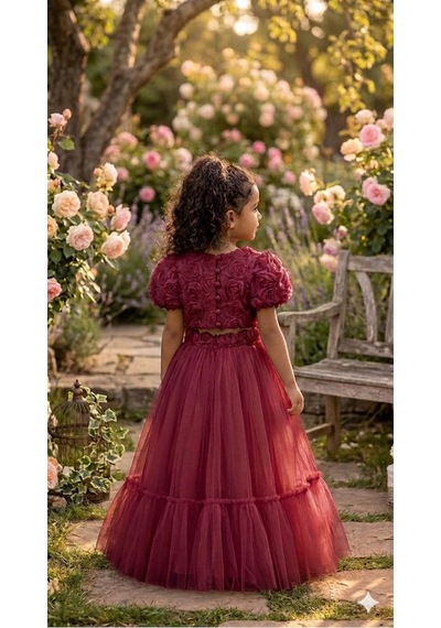 Star Kids Fashion Kız Çoçuk Bordo Gül Detaylı Crop Elbise,kız Çoçuk Parti Elbise