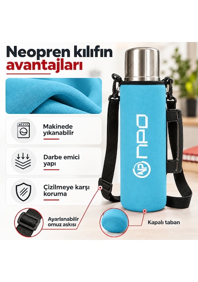Npo Nt01 2 Katman Vakum Teknolojili 24 Hsıcak 48hsoğuk 72hbuzlu Koruma Çelik Termos Turkuaz Kılıflı
