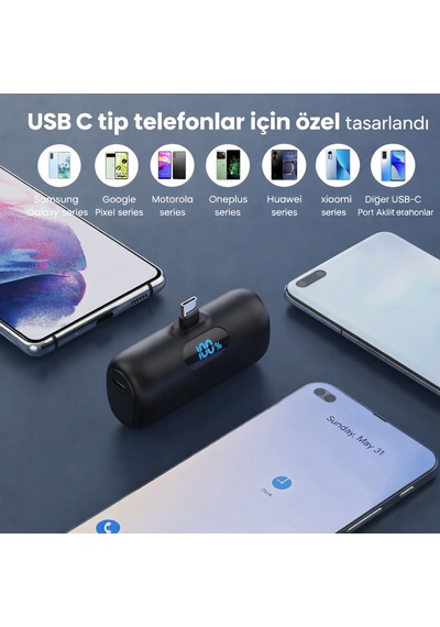 Direkt Telefona Takılan Mini Powerbank 5000 Mah Type-c Girişli Tüm Cihazlarla Uyumlu, Led Ekranlı, Standlı 5000 Mah