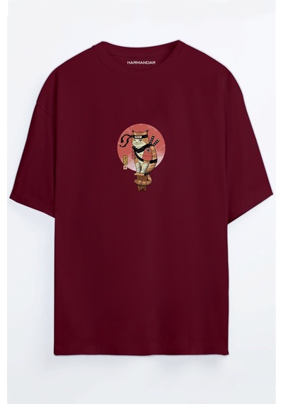 Shinobi Ninja Kedi Baskılı Unisex Siyah Oversize T-shirt Bordo