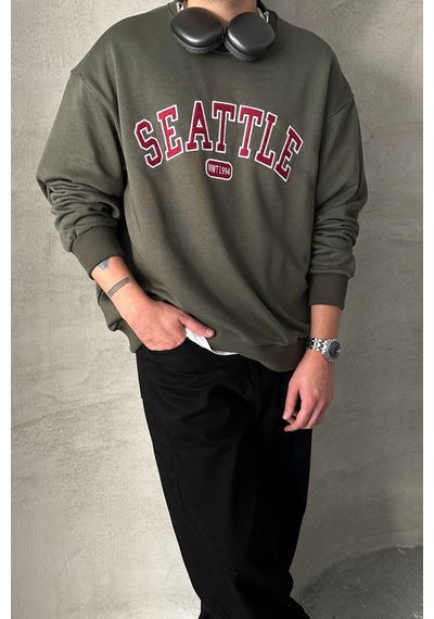 Erkek Seattle Baskılı Oversize Sweatshirt Haki