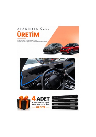 Peugeot 3008 2016-2023 Uyumlu Torpido Koruma Örtüsü Oto Kılıfı - Siyah Mavi