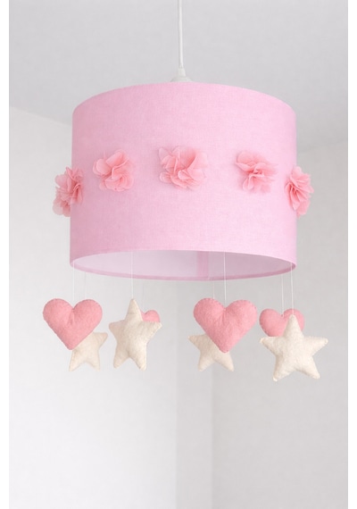 Bebek Odası Avize Pembe Krem Çiçekli El Yapımı Kumaş Aydınlatma 30x20 Cm Dekoratif Pembekrem