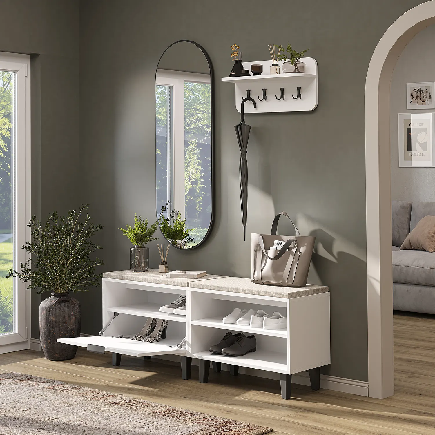 Nord Vestiyer Takımı Askılıklı, Kapaklı Bench, Kapaksız Bench, Modüler, Oval Aynalı Portmanto Takımı Beyaz Nord Vestiyer Takımı Askılıklı, Kapaklı Bench, Kapaksız Bench, Modüler, Oval Aynalı Portmanto Takımı Beyaz