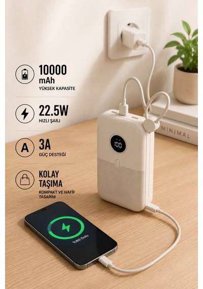 10000mah Powerbank 22.5w Hızlı Şarjlı Taşınabilir Şarj Cihazı Dahili Kablolu Krem