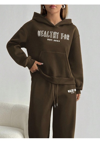 Macklin Unisex Kadın Erkek Healty For Baskılı Oversize 3 İplik Kapüşonlu Sweatshirt Ve Baggy Eşofman Altı Kahverengi