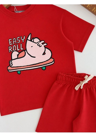 Magu Erkek Çocuk Pamuklu Gergedan Baskılı Kırmızı T-shirt Şort Takım