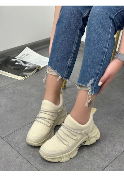 Erva'nın Butiği Bej Dore Kadın Gizli Topuklu Bağcıklı Sneakers-5263