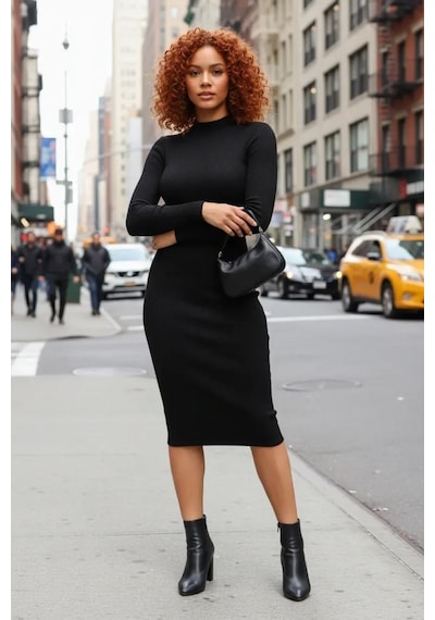 Najmaddin.com Beru Kadın Siyah Kaşkorse Balıkçı Yaka Uzun Kollu Bodycon Mini Elbise Premium Şık Stil