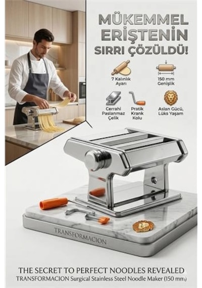 Profesyonel Erişte Ve Makarna Makinesi - 7 Ayarlı Çelik Hamur Açma Spagetti Makinası 723137