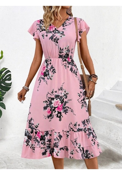 Efnaz Style Kadın Kısa Kollu V Yakalı Desenli Midi Süprem Elbise Pembe