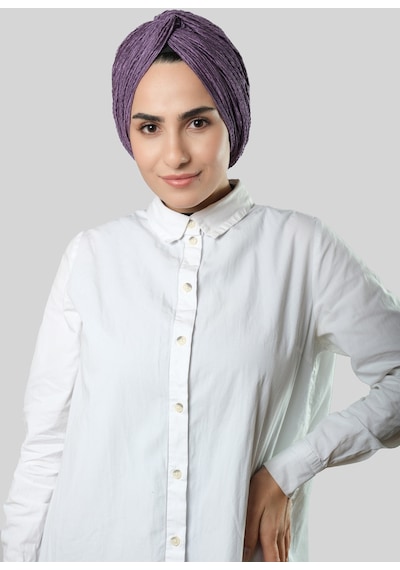 Hürrem Bone Mor Çapraz Büzgülü Piliseli Tesettür Bone Fukuro Kendinden Desenli 2316 22 Mor