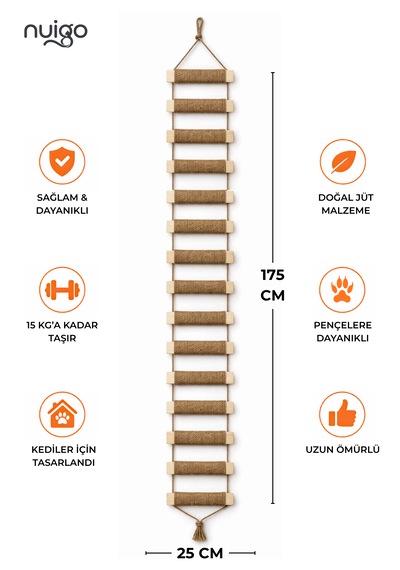 Ahşap Kedi Tırmanma Merdiveni Ve Duvar Köprüsü - Jüt İpli, 15 Basamak, 175 Cm
