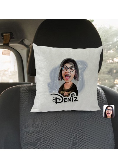 Bk Gift Kişiye Özel İsimli Mona Lisa Karikatürlü Kare Araç Koltuk Yastığı-1 Çok Renkli