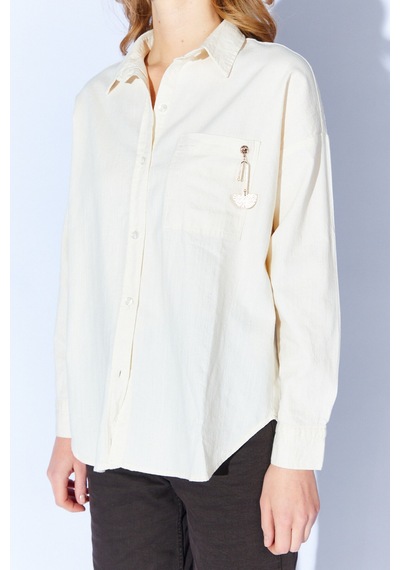 Manche Ekru Broş Detaylı Oversize Tek Cepli Gabardin Gömlek Mkw168174-01