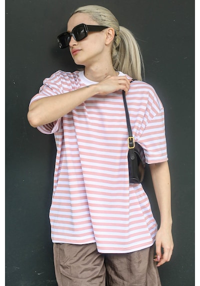 Madmext Pembe Çizgili Bisiklet Yaka Tişört Mg1656-pembe Pembe