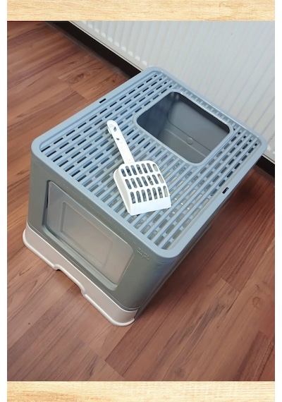Büyük Boy Kırılmaz Kapalı Çekmeceli Kedi Tuvaleti Kedi Kumu Küreği Hediyeli Pet Bakım 38x38x49