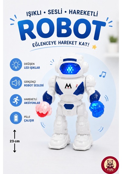 Oyuncak Işıklı Sesli Hareketli Robot Oyuncak 23 Cm Led Efektli Pilli Robot Beyaz