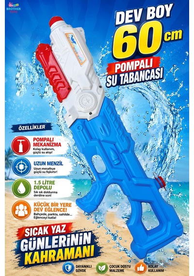 1500 Ml. Jumbo Dev Boy Pompalı Kaliteli Sızdırmaz Su Tabancası 1,5 Litre Depolu 60 Cm.