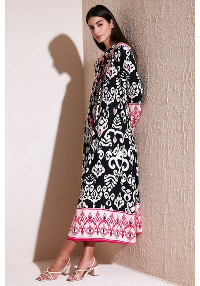 Lela Modest Desenli Regular Fit Bağlamalı V Yaka Maxi Bayan Elbise 611El510 Siyah