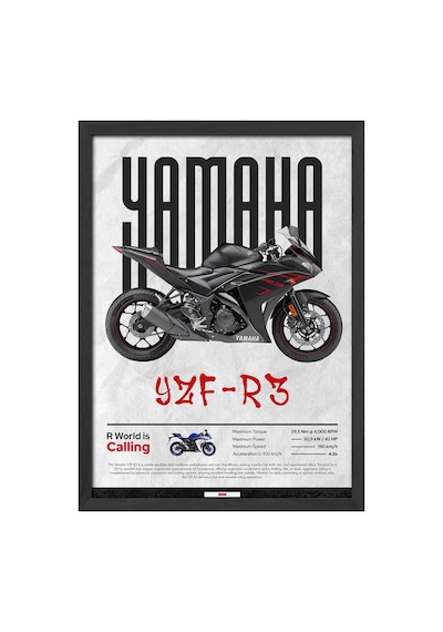 Yamaha Yzf-r3 Siyah Ahşap Çerçeveli Poster, Dekoratif Motosiklet Duvar Tablosu